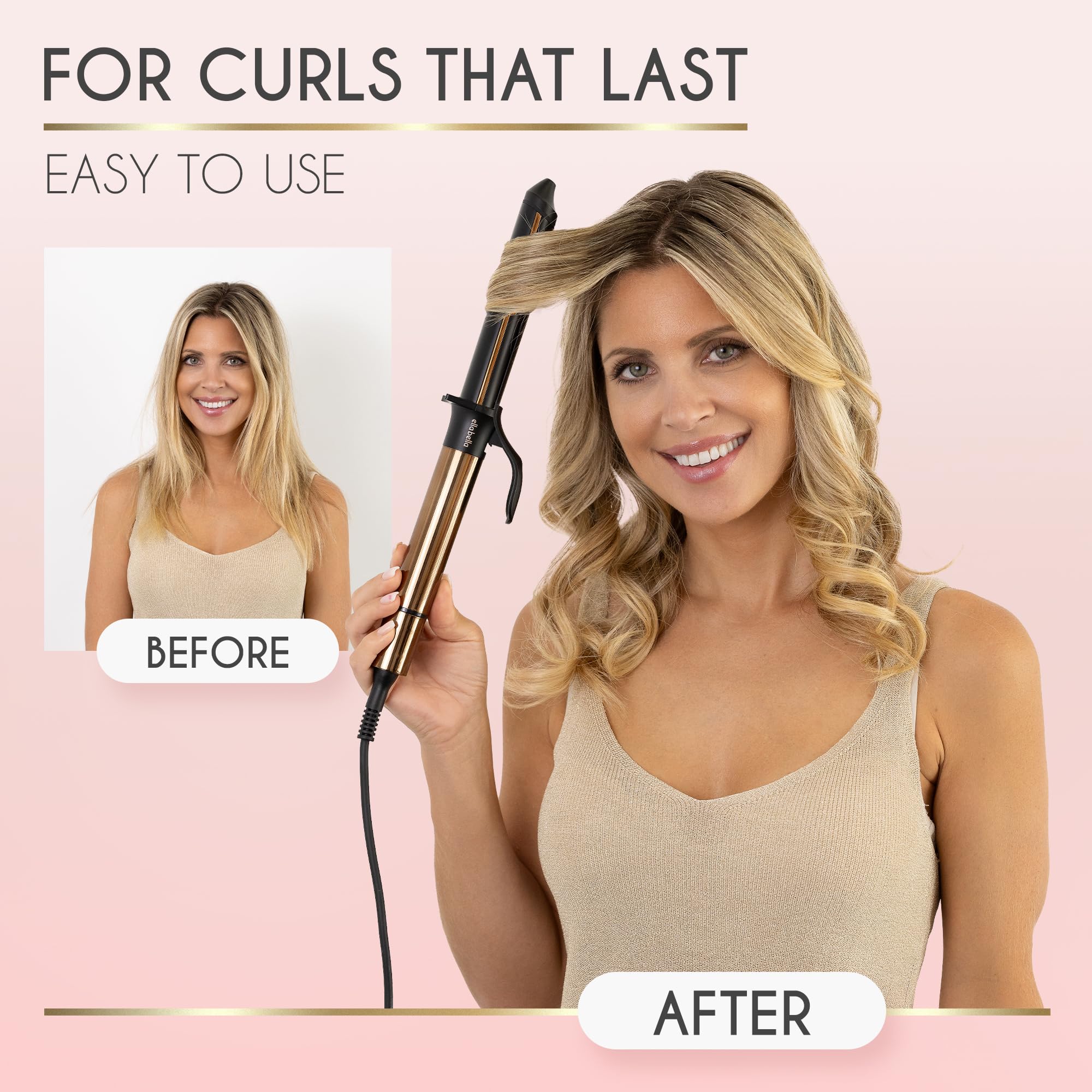 ELLA BELLA curling iron digital temperature range enables tailored heat.