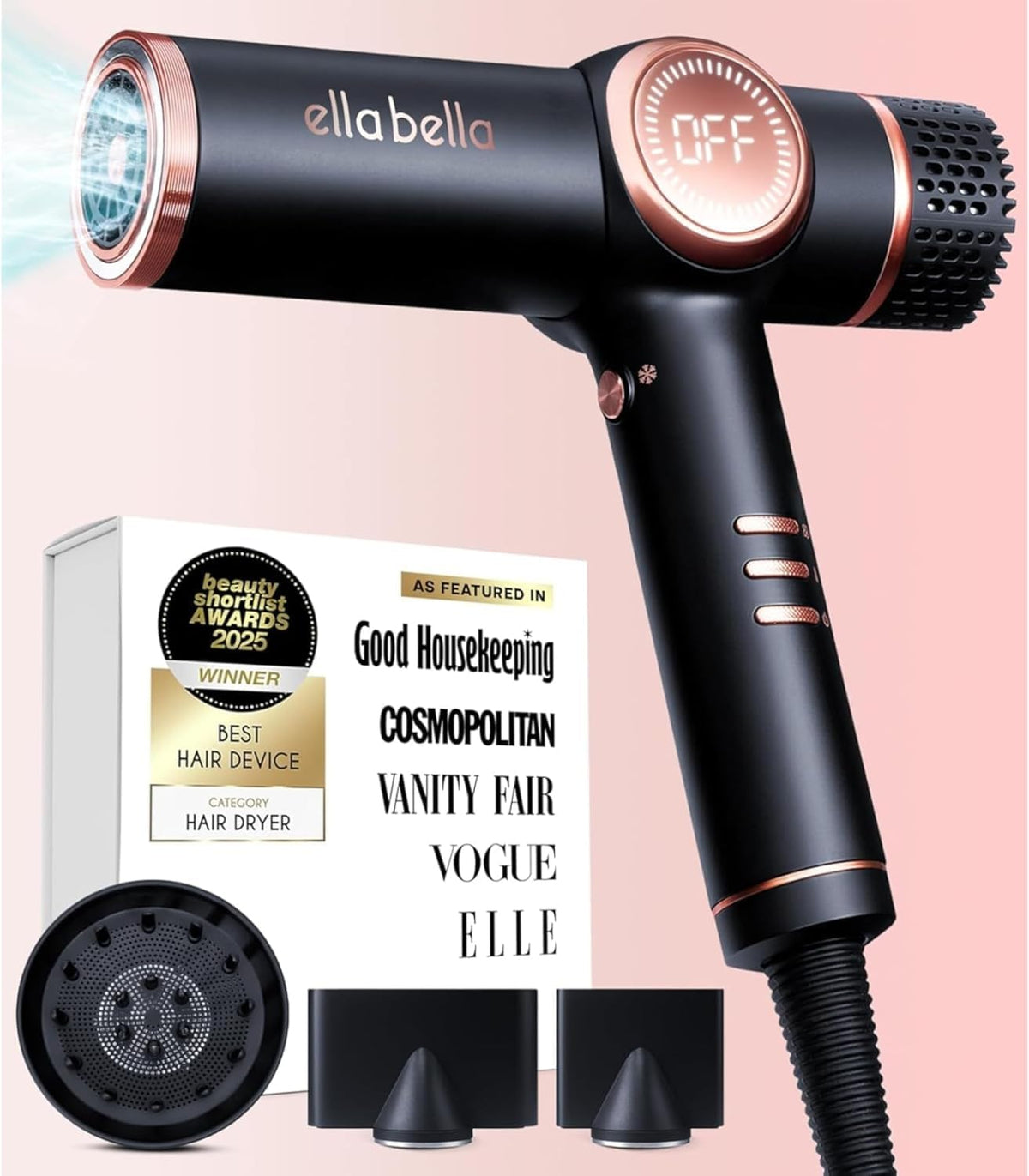 ELLA BELLA hair dryer with diffuser for versatile styling and smoother results.