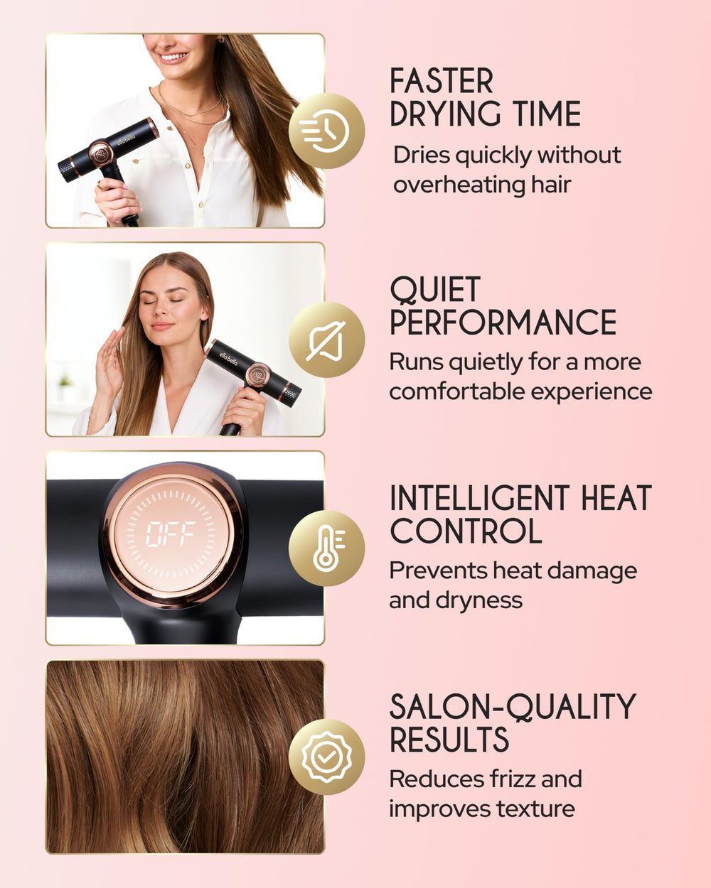 ELLA BELLA ionic dryer shows magnetic nozzle for targeted airflow and defined finishes.