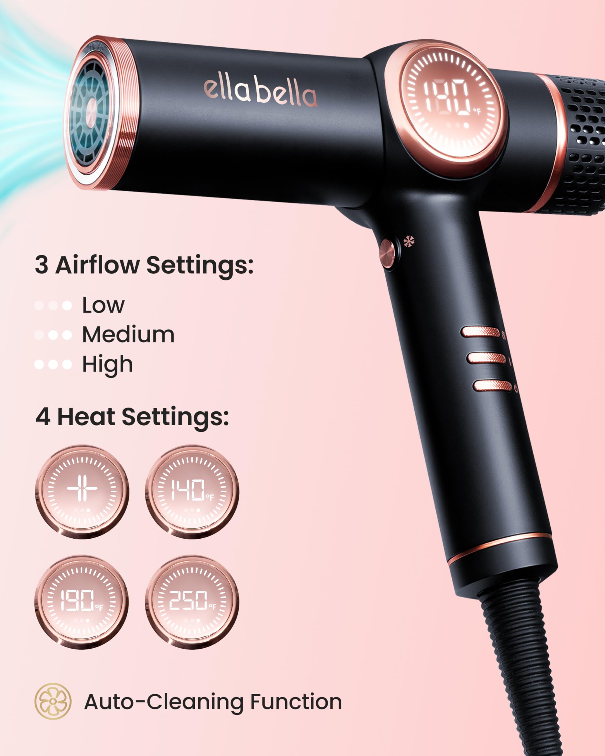ELLA BELLA professional dryer with rapid-drying nozzle blasts hair to dryness quickly.