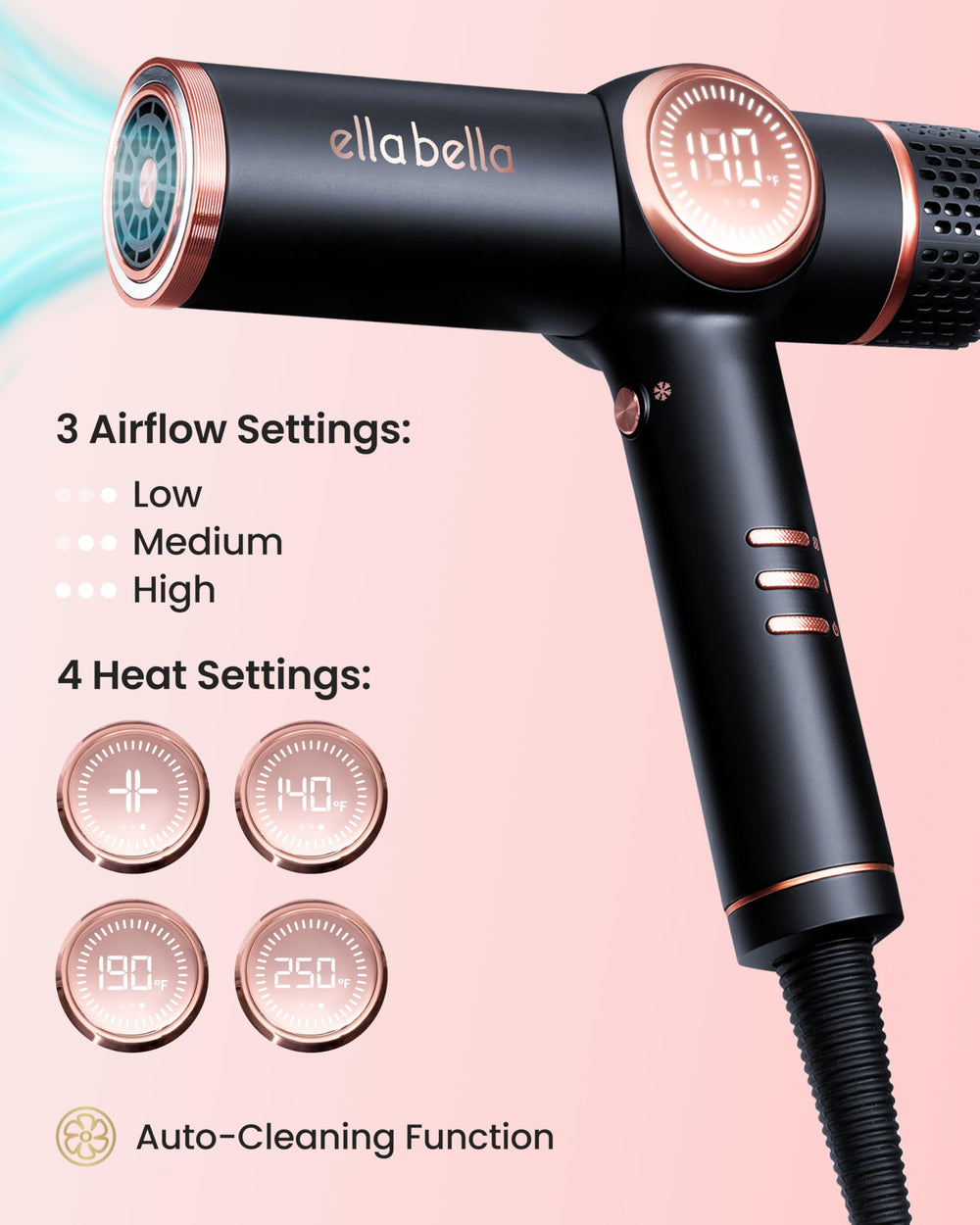 ELLA BELLA professional dryer with rapid-drying nozzle blasts hair to dryness quickly.