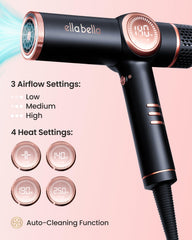 ELLA BELLA professional dryer with rapid-drying nozzle blasts hair to dryness quickly.