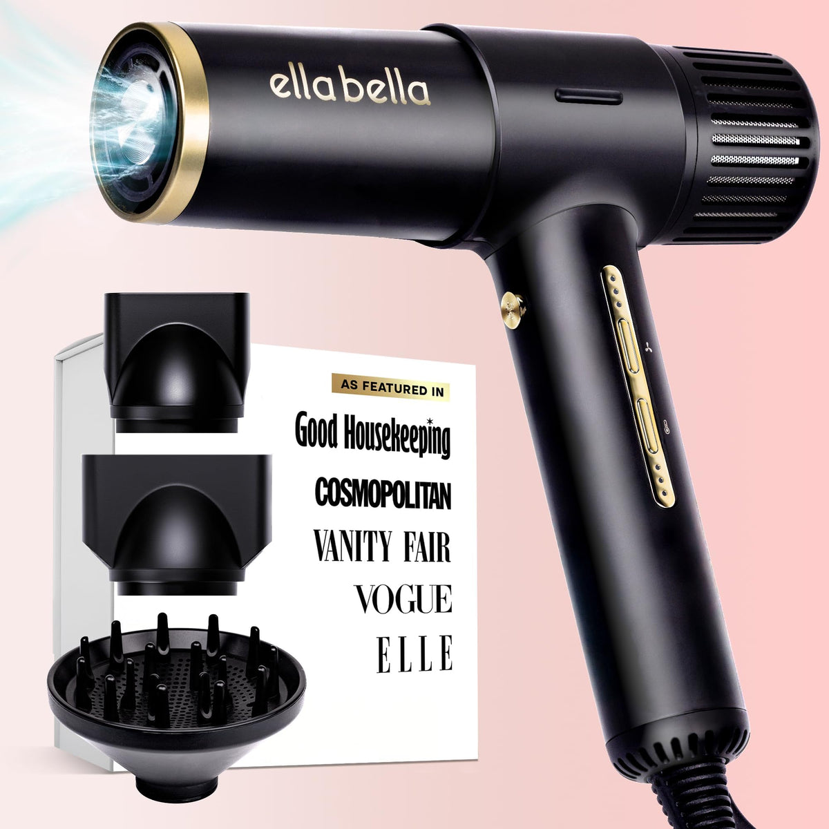 ELLA BELLA Ionic Salon Hair Dryer front view shows glossy frizz control