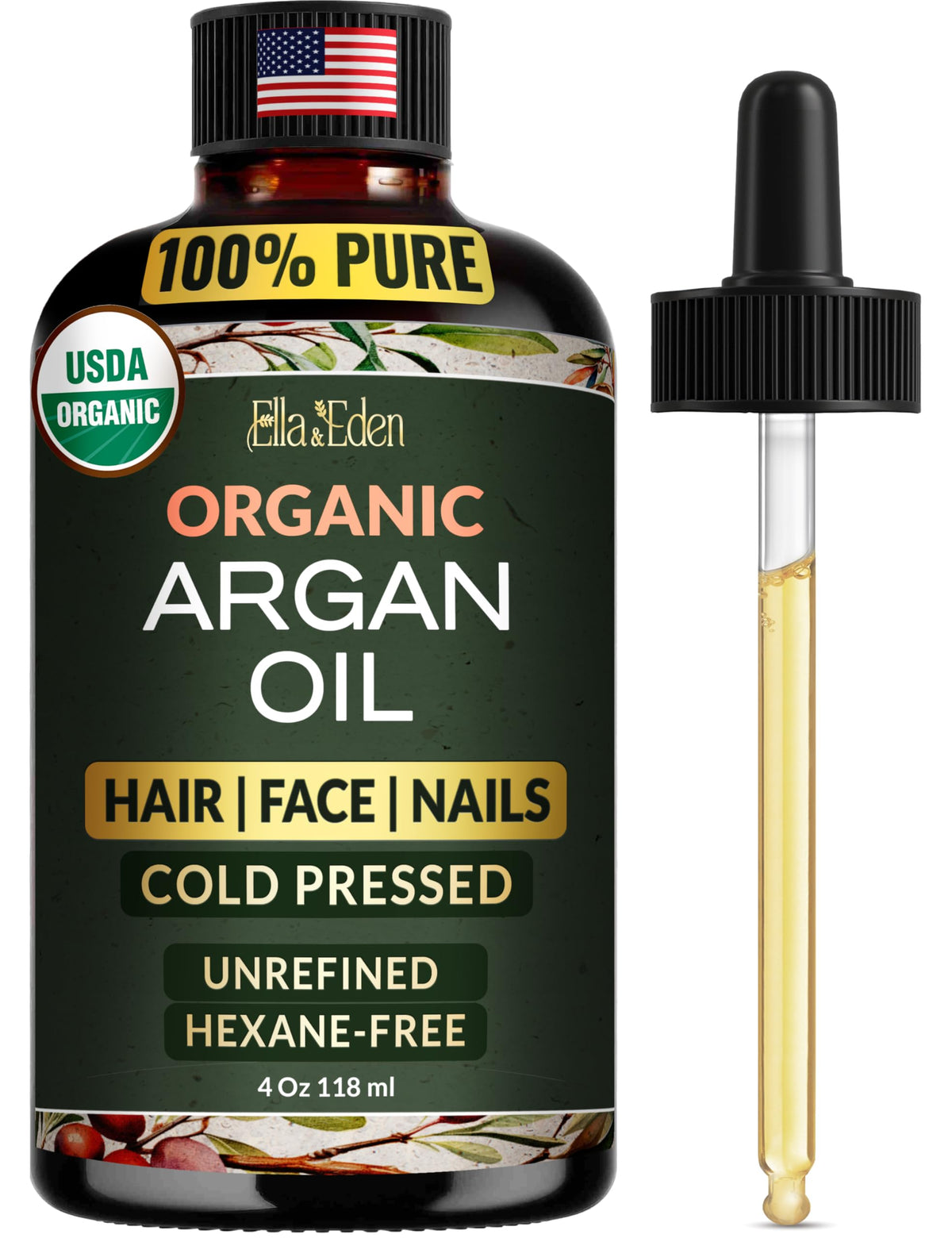 Ella & Eden Argan Oil bottle with USDA certification for healthy hair and skin.