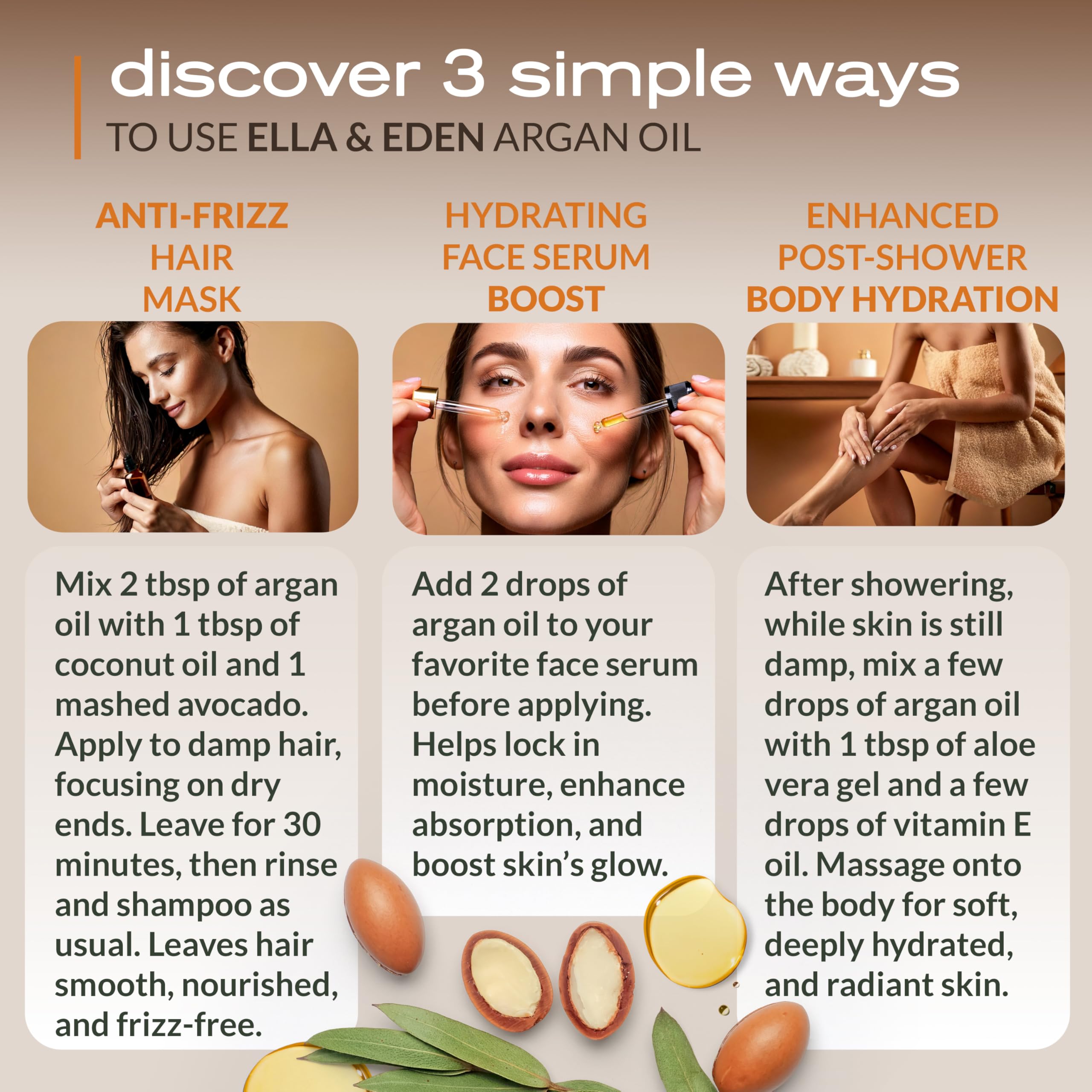 Argan oil enhances hair shine and helps reduce frizz.
