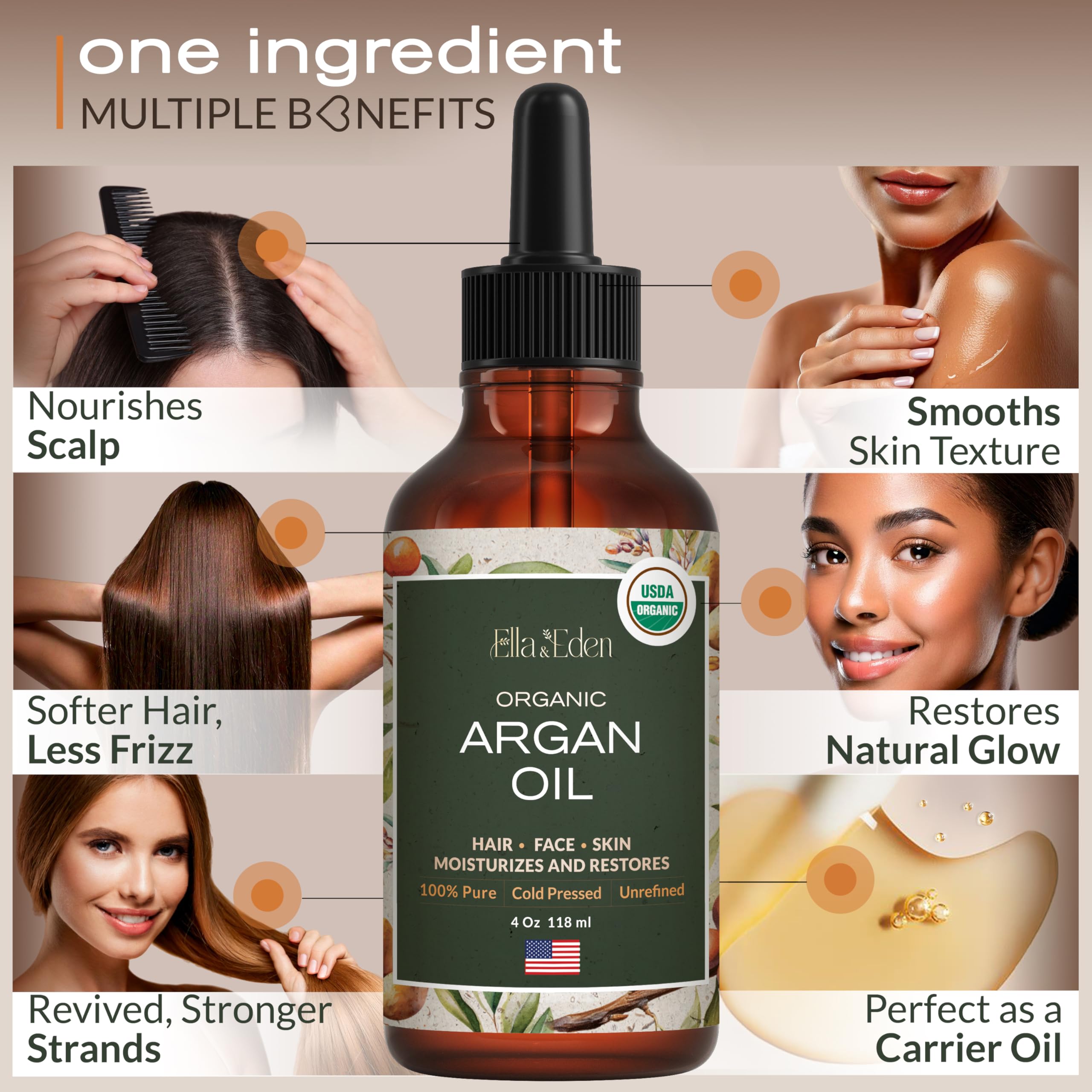 Pure, cold-pressed argan oil formula for moisturizing hair and skin.