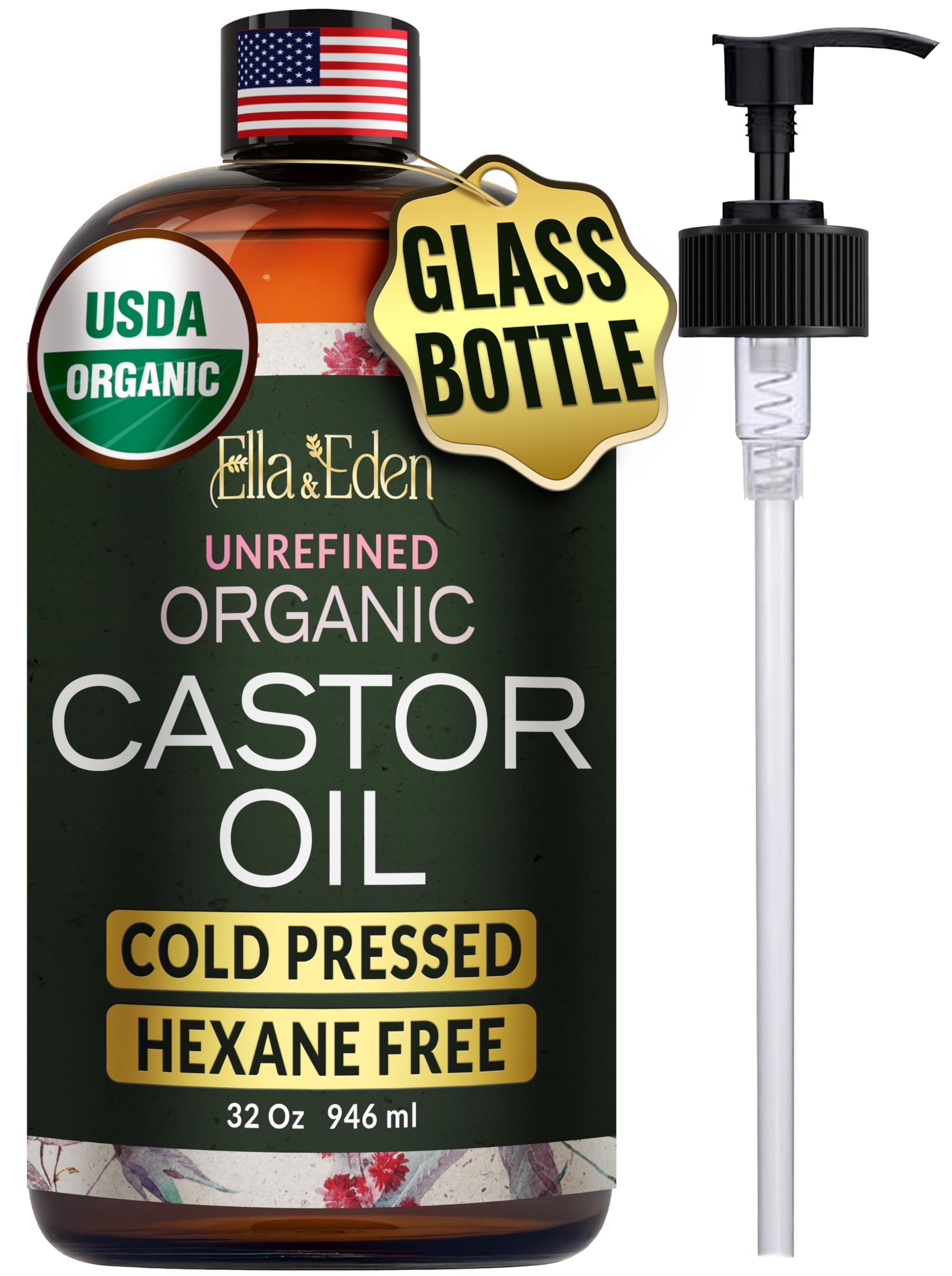 Ella & Eden castor oil 32oz glass bottle with pump for mess-free use and storage.