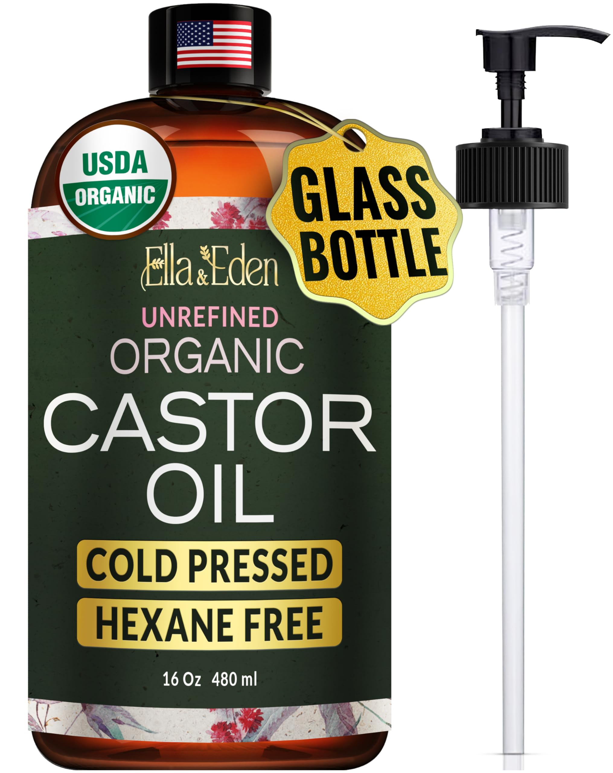 Ella & Eden castor oil bottle in glass for freshness and easy pump dispensing.