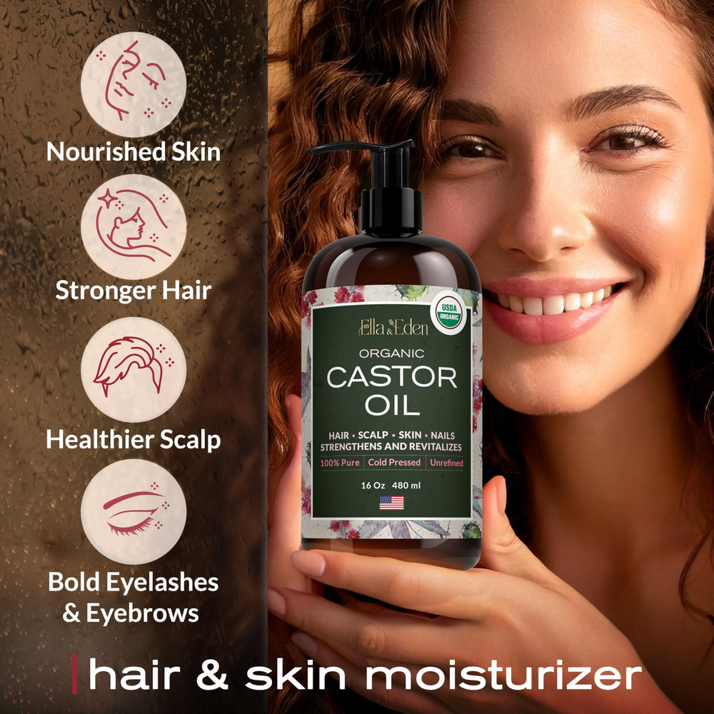 Ella & Eden castor oil supports eyelashes and brows for natural fullness.