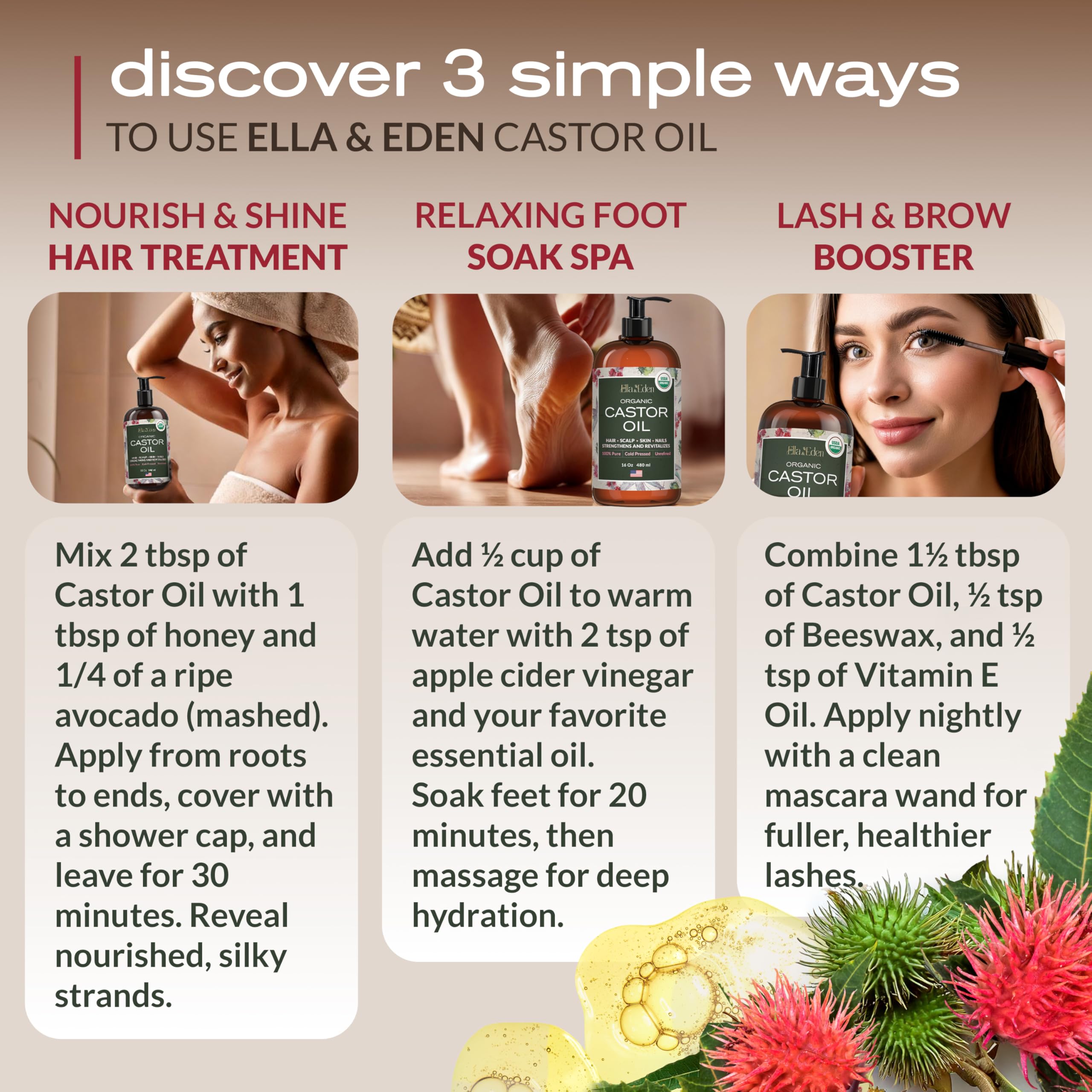 Ella & Eden castor oil skin-moisture application hydrates and smooths dry areas.