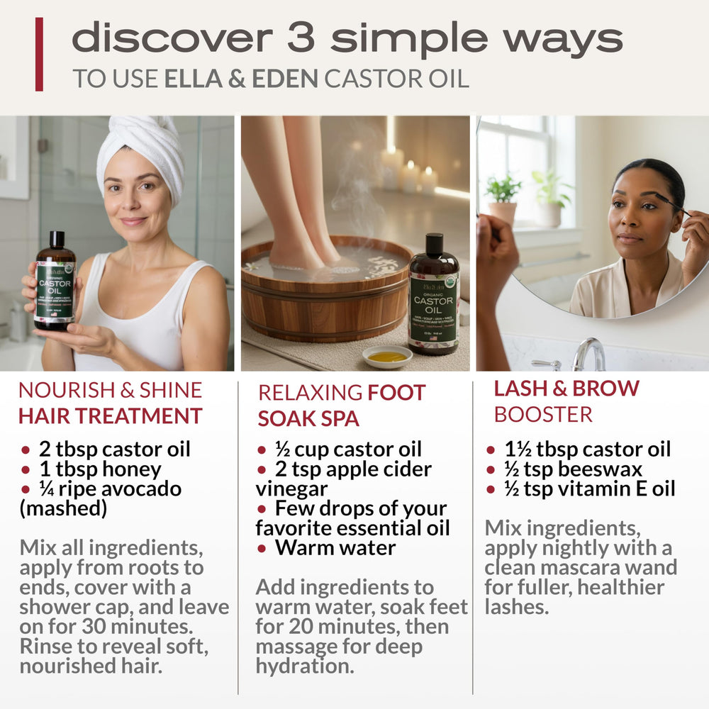 Ella & Eden cold-pressed castor oil close-up highlighting rich texture for nourishment.