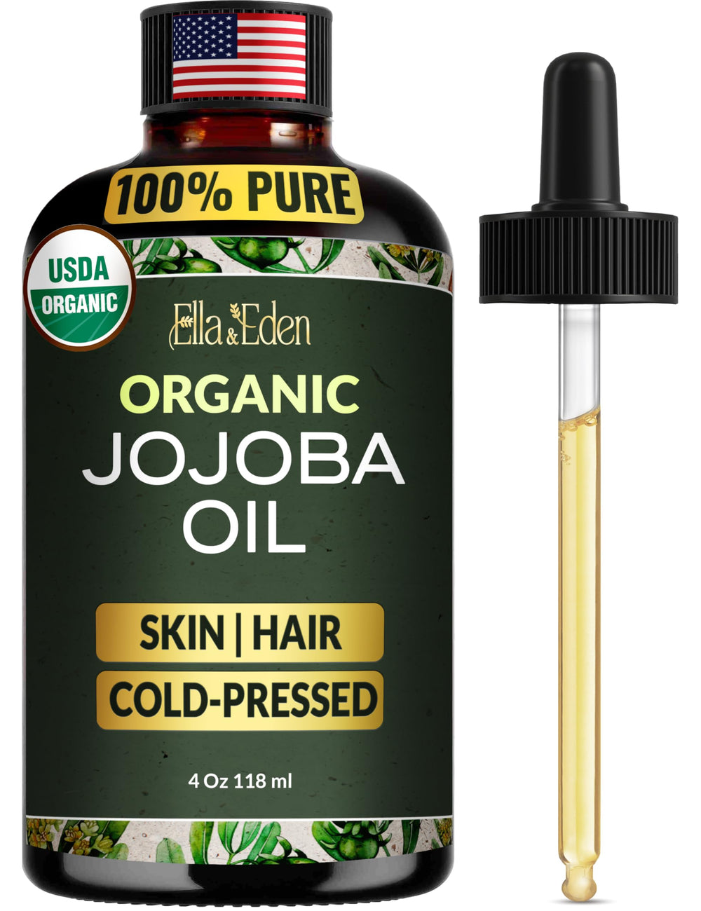 Ella & Eden Jojoba Oil bottle highlights pure oil for skin hydration.