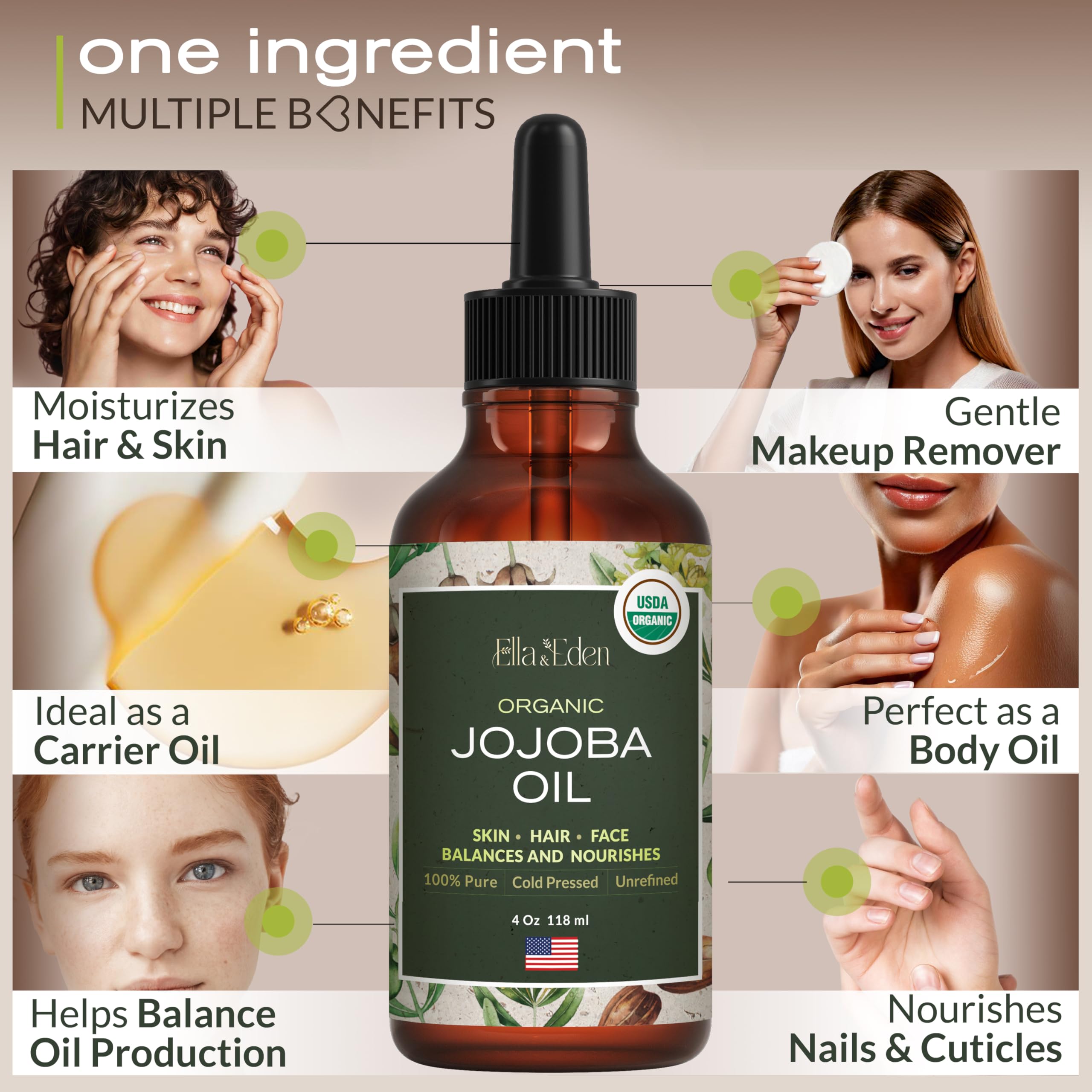 Ella & Eden Jojoba Oil label shows USDA certification and hexane-free formula.