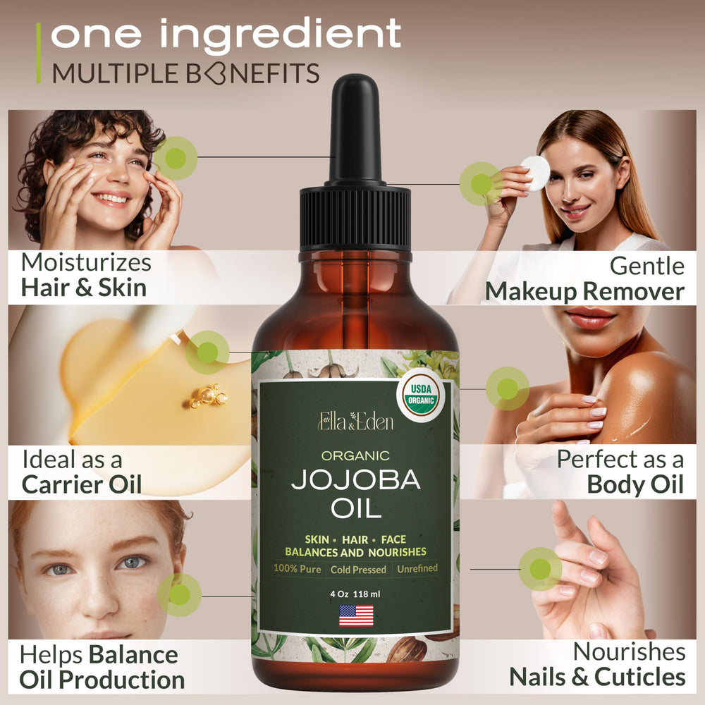 Ella & Eden Jojoba Oil label shows USDA certification and hexane-free formula.
