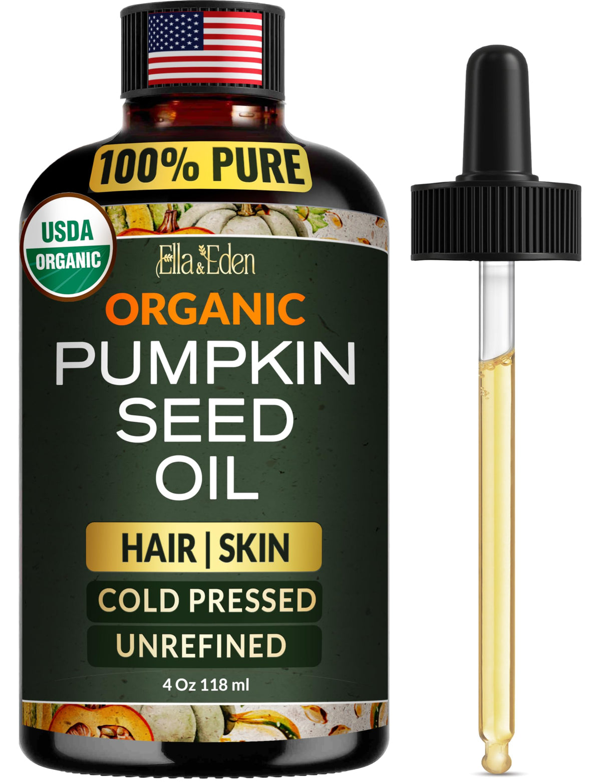 Ella & Eden pumpkin seed oil bottle on bathroom shelf for daily hair nourishment
