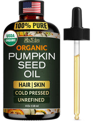 Ella & Eden pumpkin seed oil bottle on bathroom shelf for daily hair nourishment