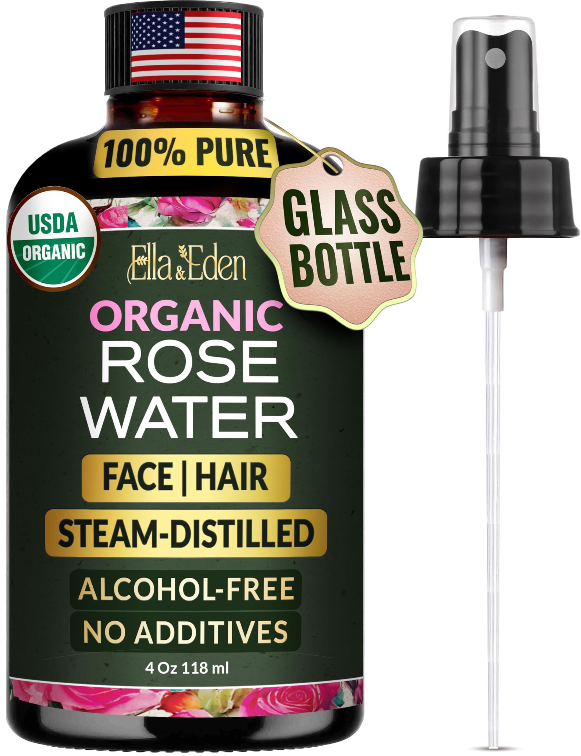 Ella & Eden rose water spray bottle front for daily hydration.