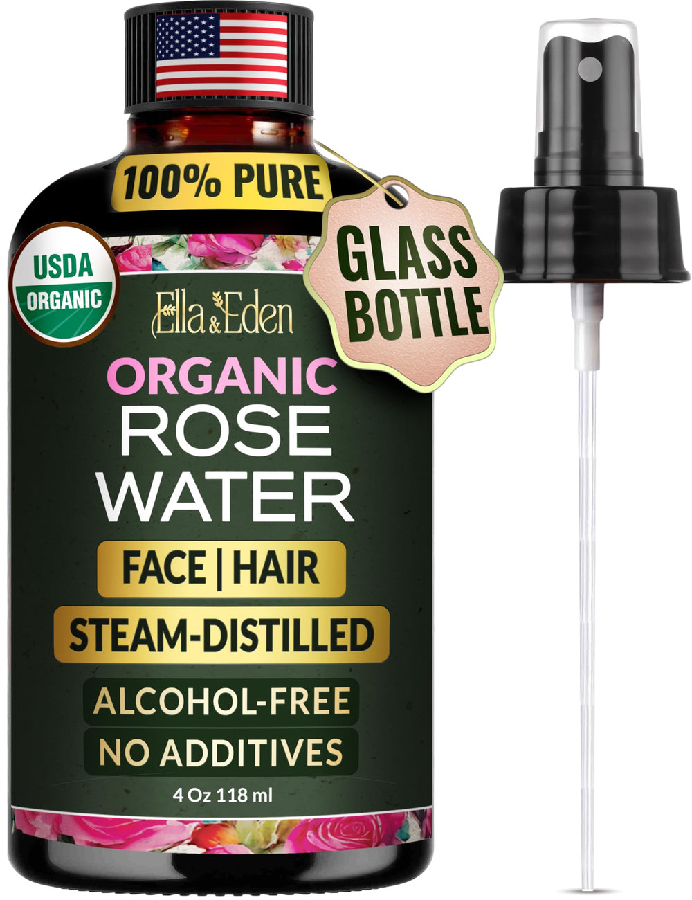 Ella & Eden rose water spray bottle front for daily hydration.