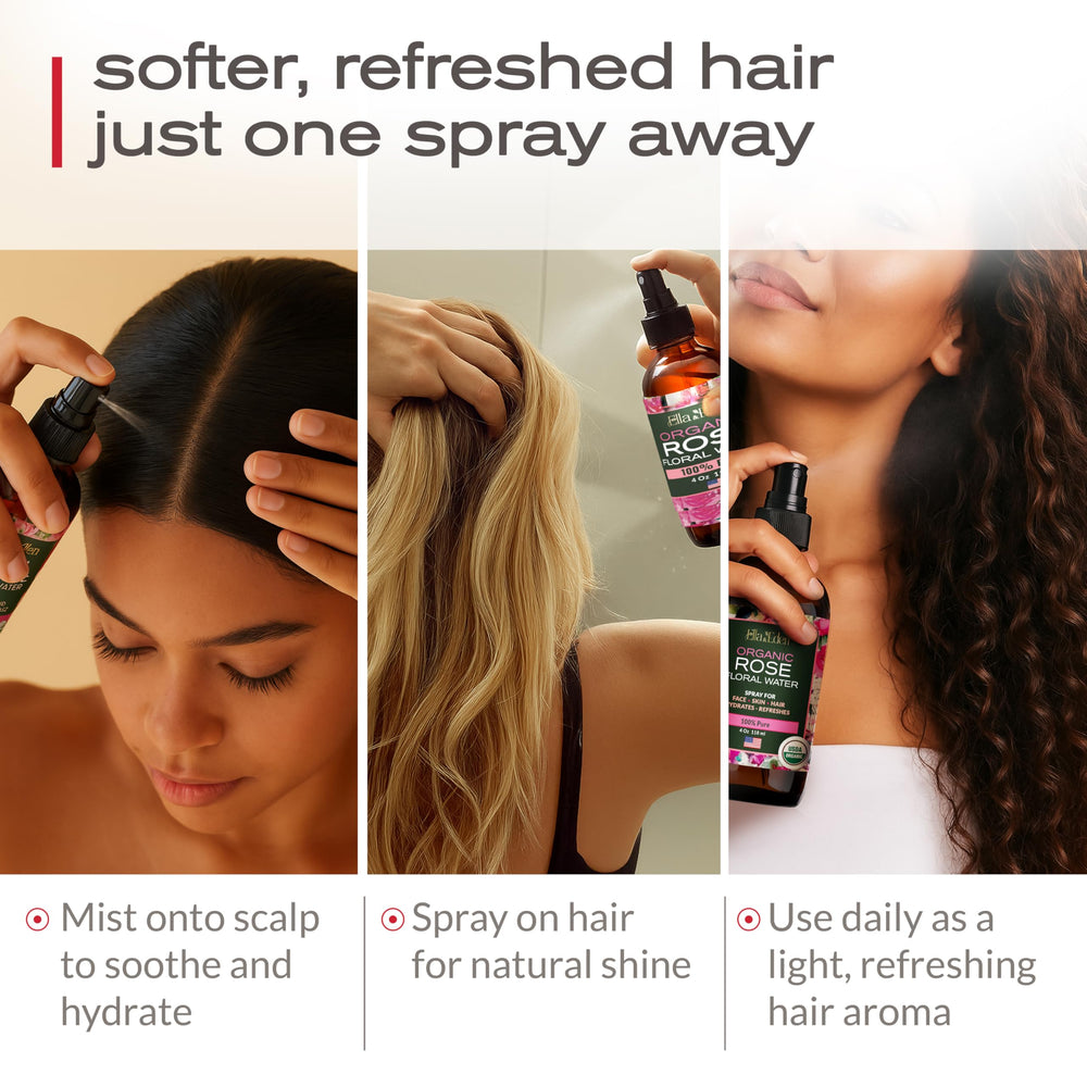 Hair refresh with Ella & Eden rose water spray for shine.