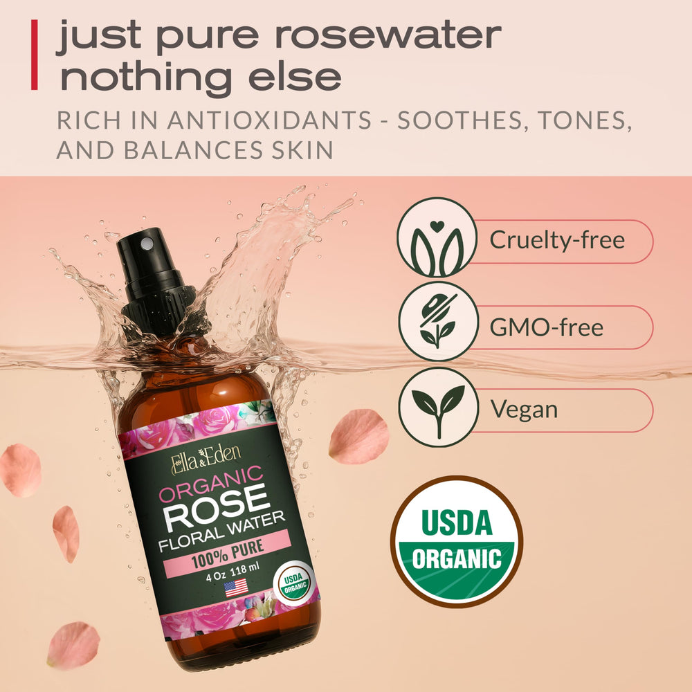 Label close-up showing USDA certified 100% pure rose water.