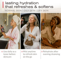 Rose water mist on skin delivering refreshing hydration.