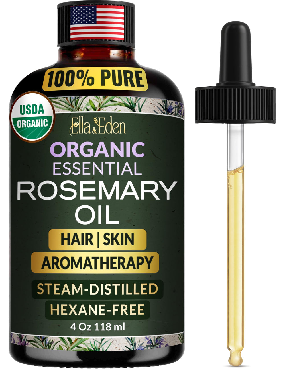 Ella & Eden rosemary oil bottle close-up highlighting purity and quality.