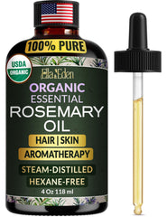 Ella & Eden rosemary oil bottle close-up highlighting purity and quality.