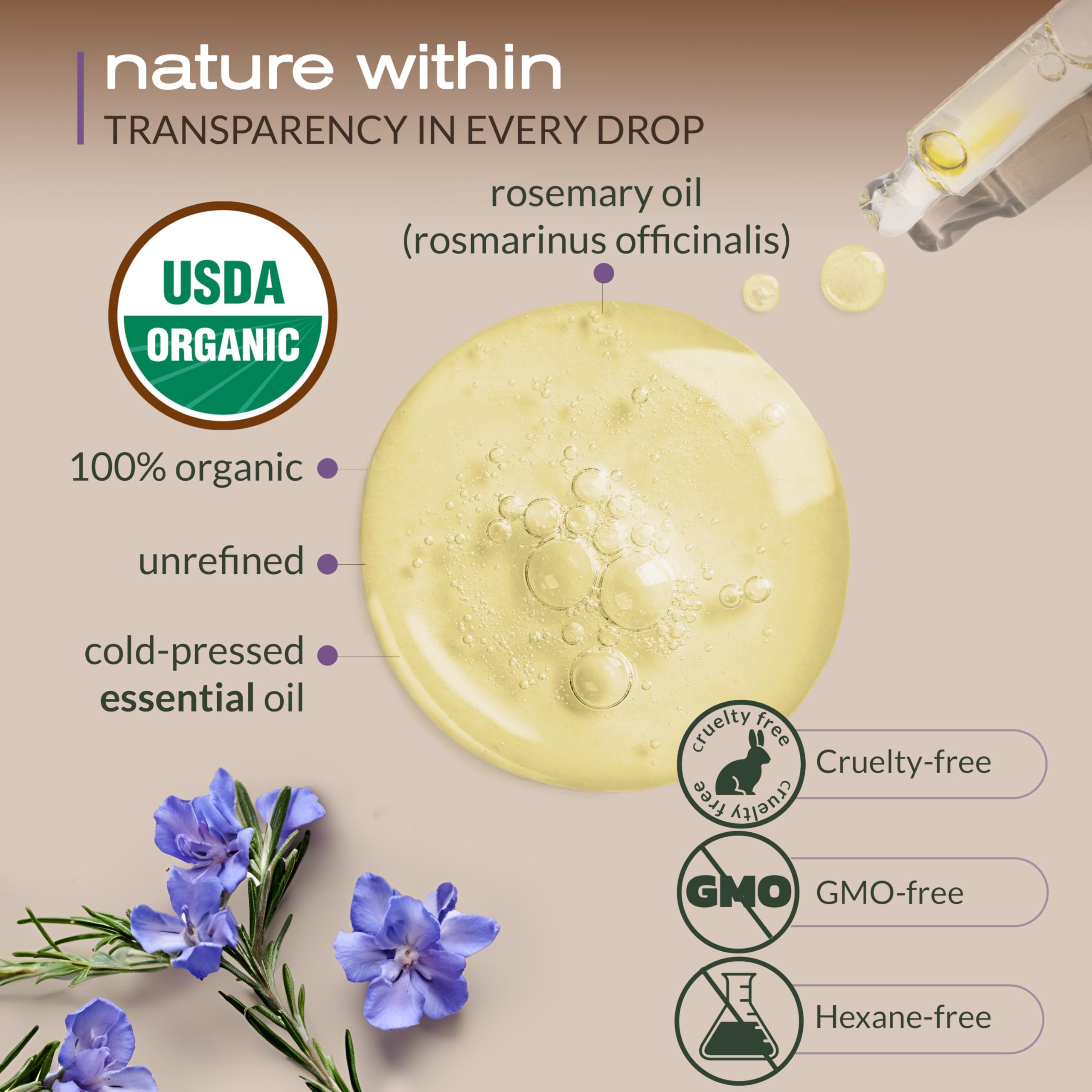 Ella & Eden rosemary oil label with certifications and hexane-free promise.