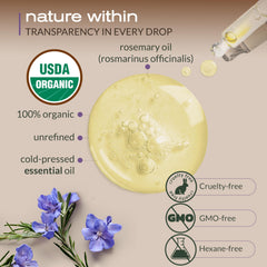 Ella & Eden rosemary oil label with certifications and hexane-free promise.