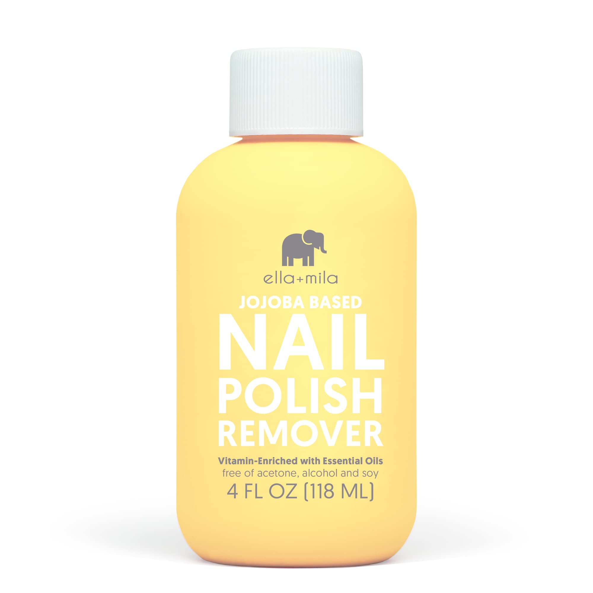 ella+mila jojoba nail polish remover bottle shows gentle non-acetone formula for natural nails.