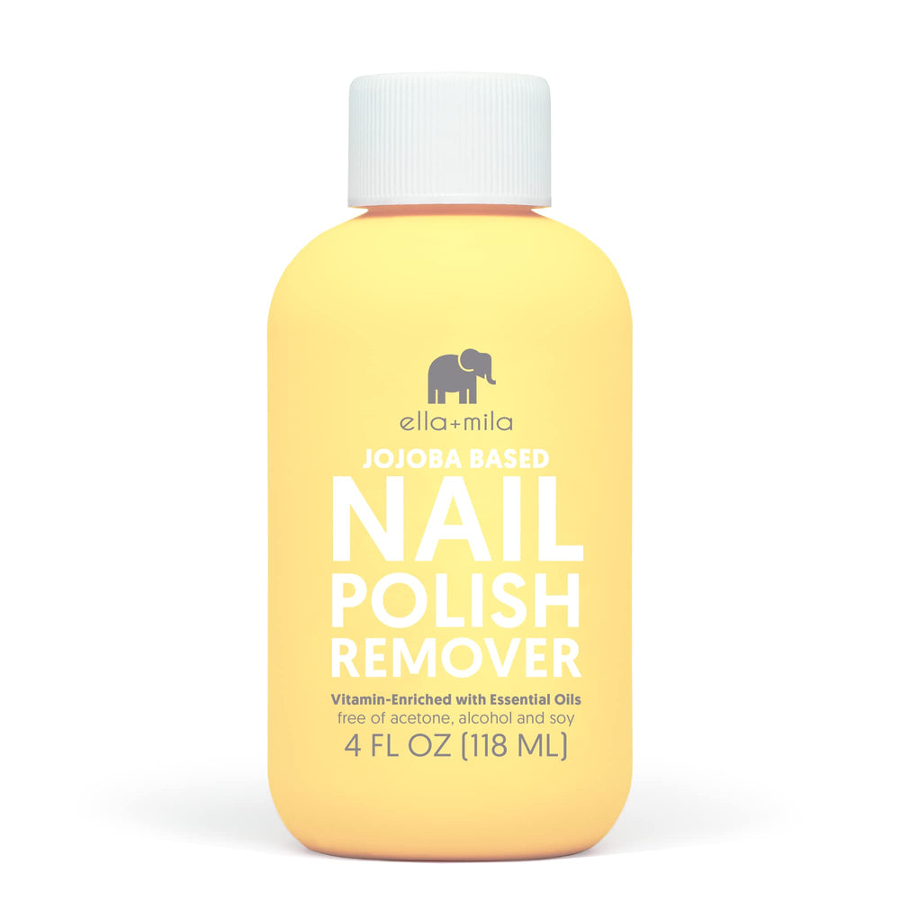 ella+mila jojoba nail polish remover bottle shows gentle non-acetone formula for natural nails.