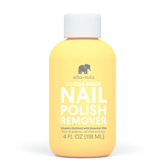 ella+mila jojoba nail polish remover bottle shows gentle non-acetone formula for natural nails.