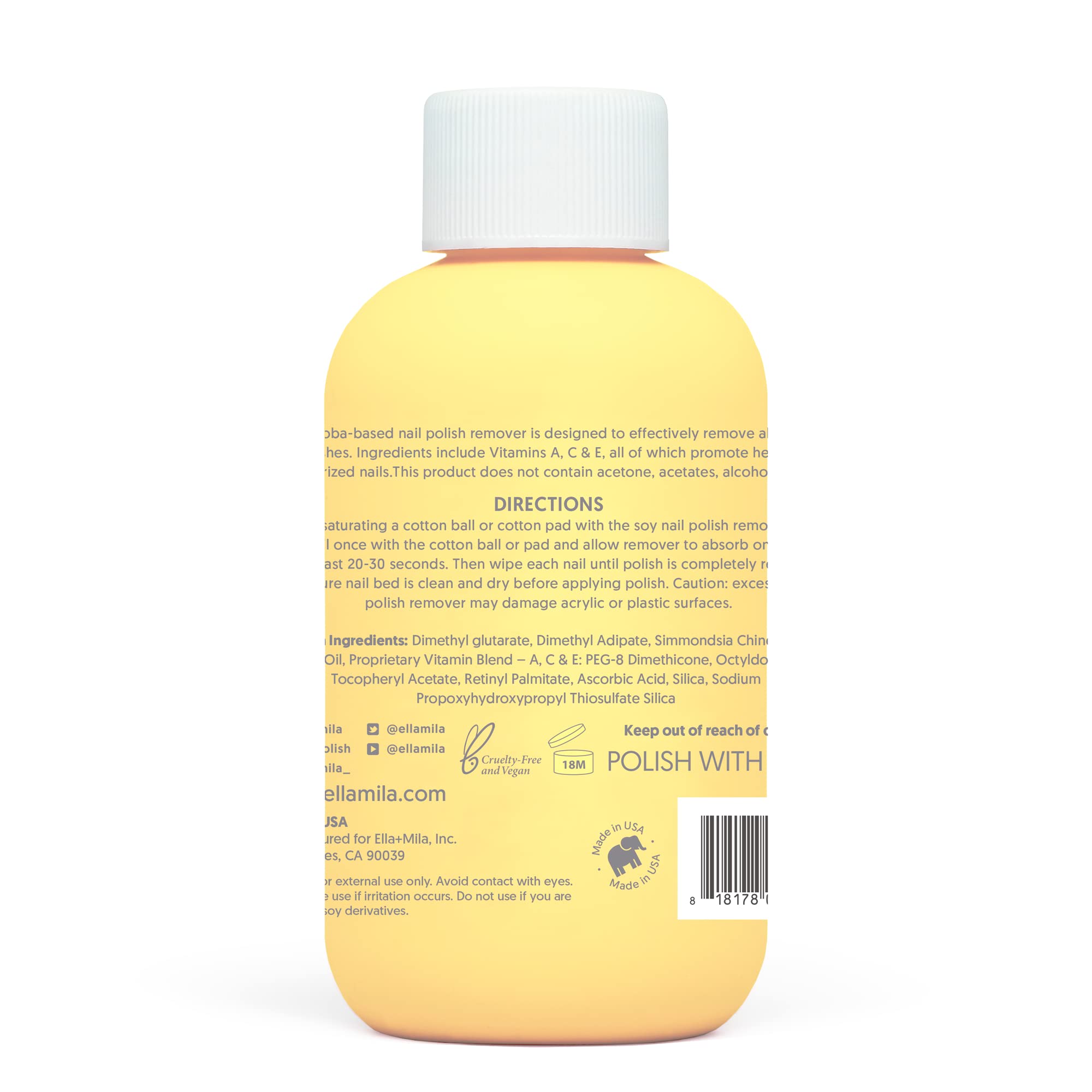 cotton pad with ella+mila remover demonstrates polish removal without drying.