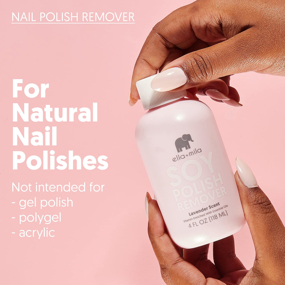 Packaging from Ella Mila communicates premium, acetone-free nail remover.