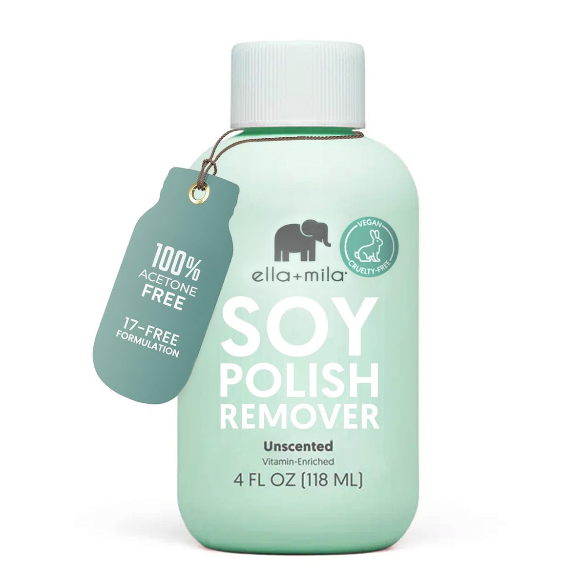 ella-mila soy nail polish remover bottle shows unscented, non-acetone formula for gentle removal