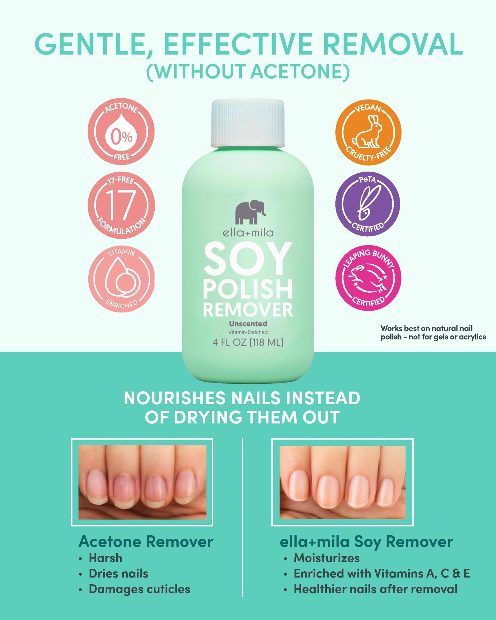 ella-mila remover on cotton pad demonstrates a quick 30-second polish wipe for natural nails
