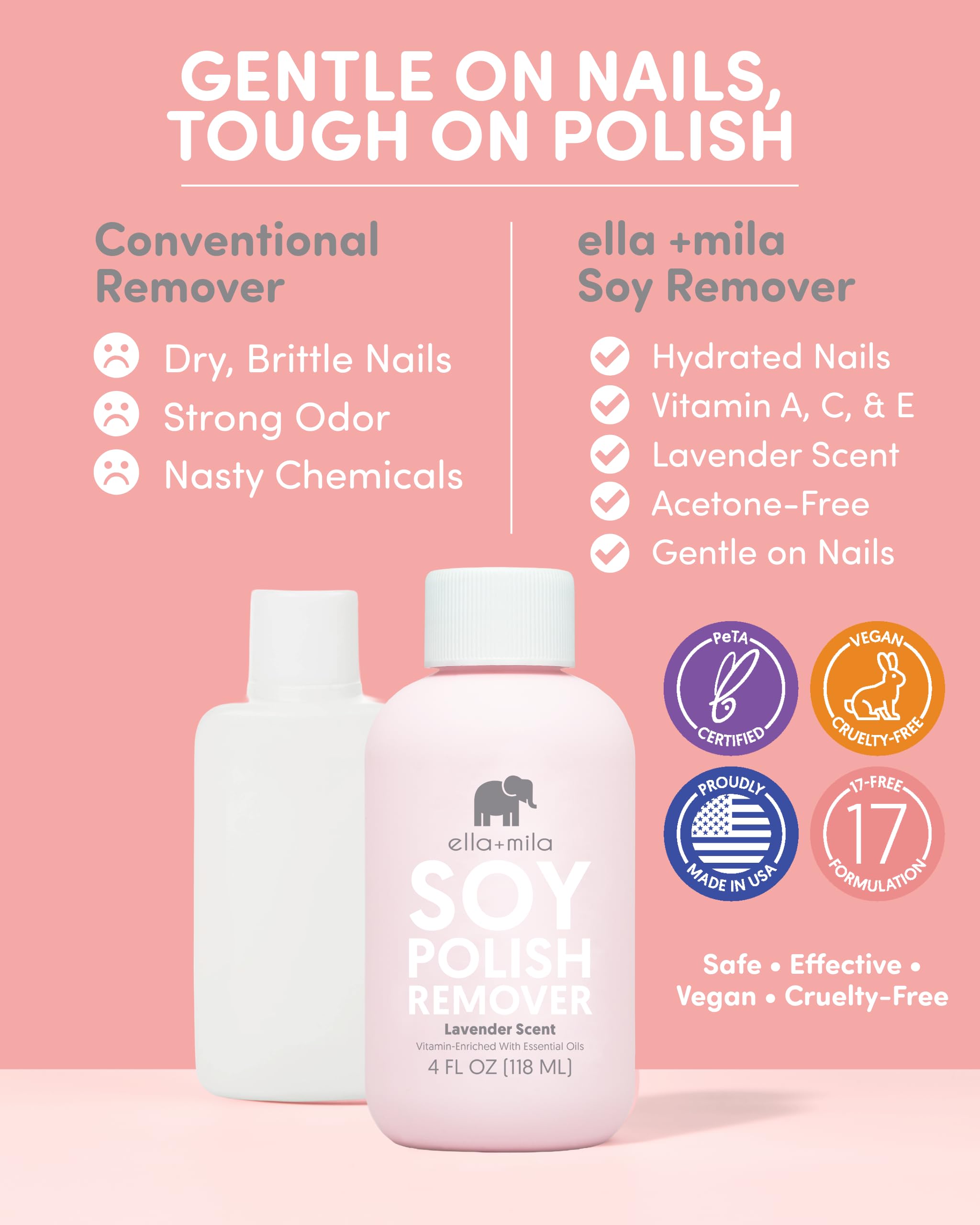 Ella Mila remover pour on a cotton pad enables easy, gentle polish removal.