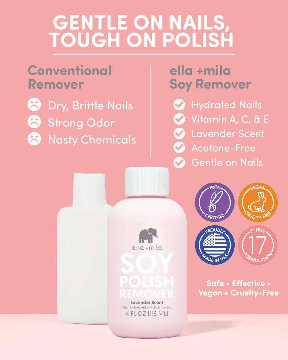 Ella Mila remover pour on a cotton pad enables easy, gentle polish removal.