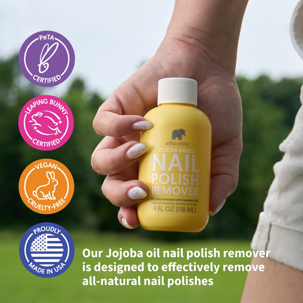 ella+mila vegan-certified, PETA-approved remover packaging for ethical nail care.