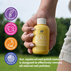 ella+mila vegan-certified, PETA-approved remover packaging for ethical nail care.
