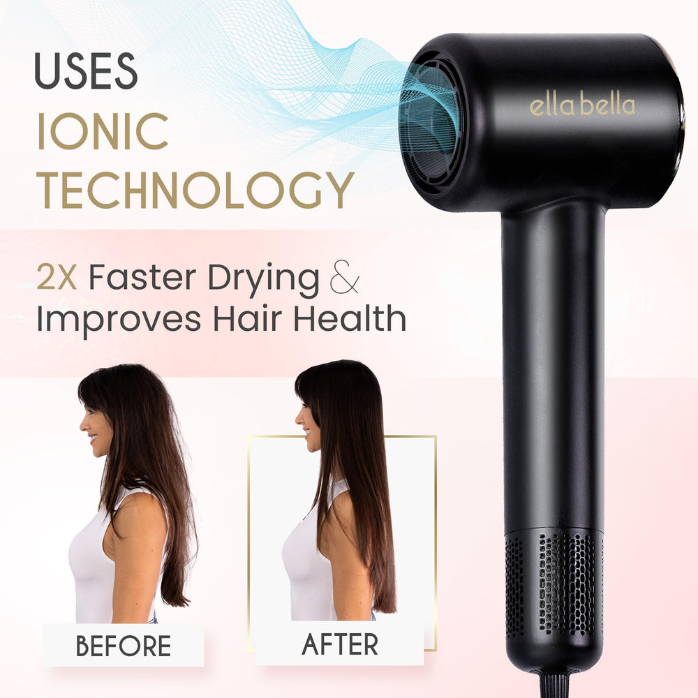 ELLA BELLA compact plasma hair dryer digital display highlights precise heat and speed control