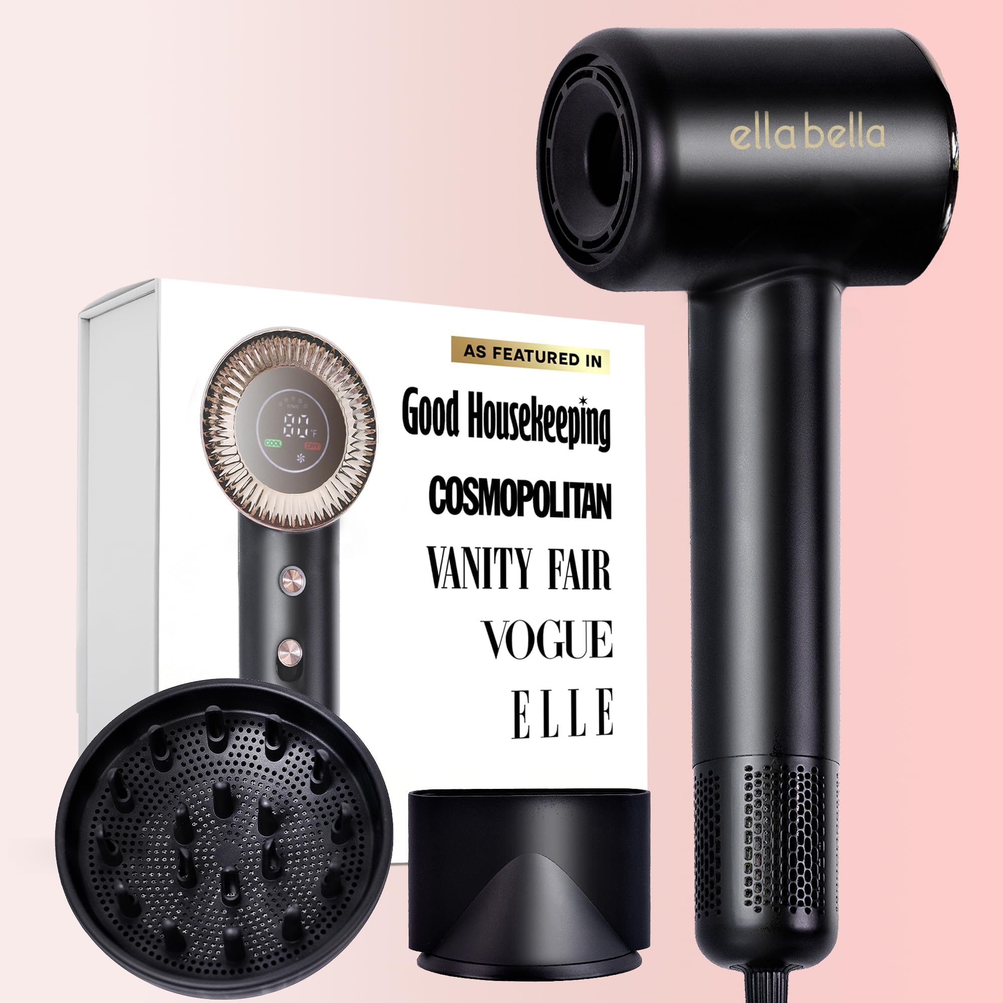 ELLA BELLA compact plasma hair dryer front view showcases sleek design and rapid drying