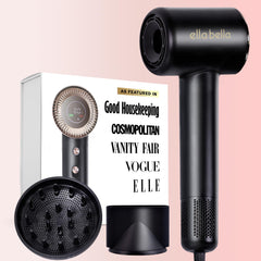 ELLA BELLA compact plasma hair dryer front view showcases sleek design and rapid drying
