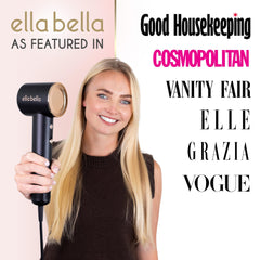 ELLA BELLA plasma technology image emphasizes ion release for frizz reduction and shine