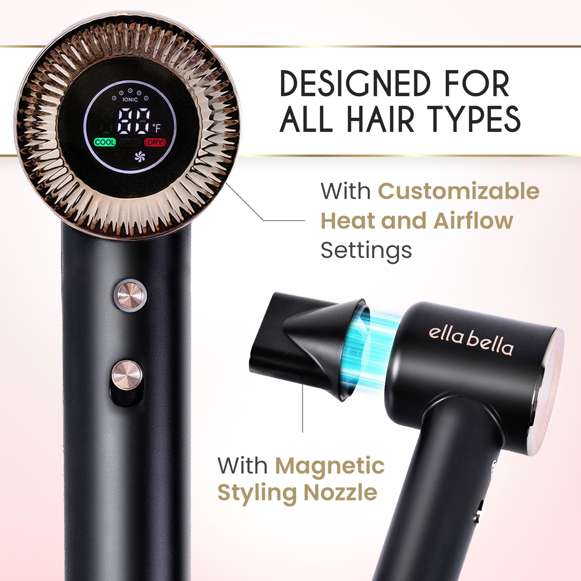 ELLA BELLA dryer with diffuser shows styling versatility for waves and curls