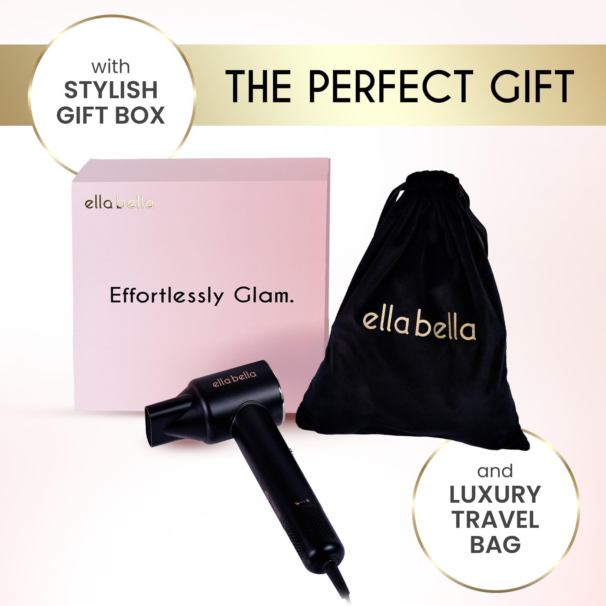 ELLA BELLA travel bag and nozzle accompany the compact dryer for on-the-go care