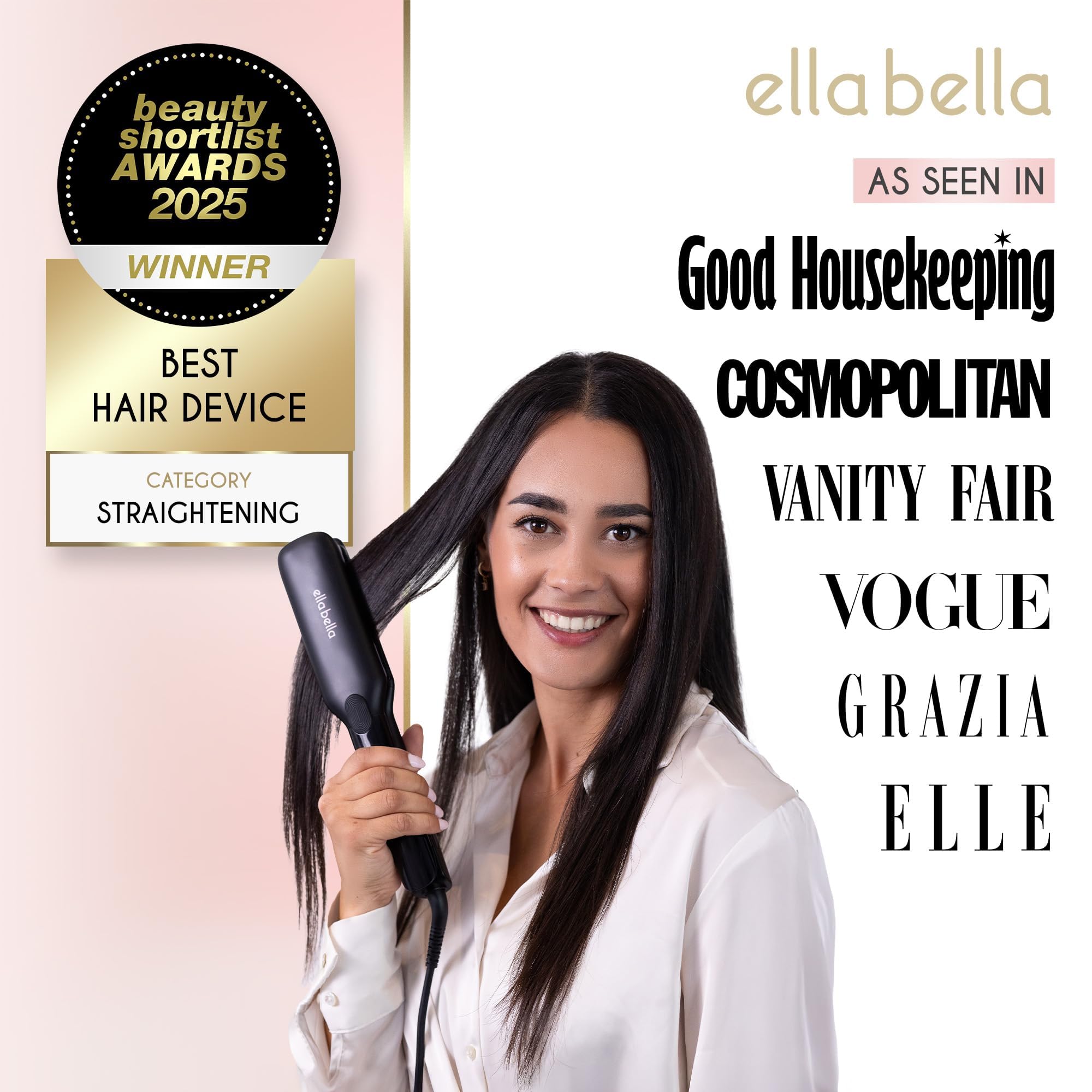 ELLA BELLA flat iron digital temperature display enables precise control for different hair types.