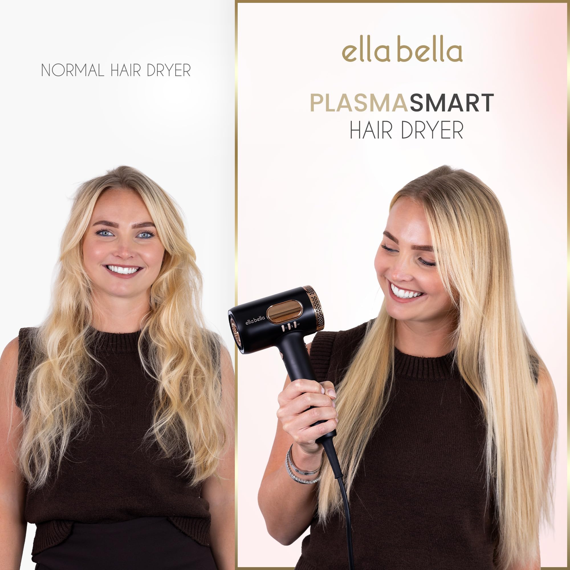 ELLA BELLA finished look image with glossy shine after using dryer.