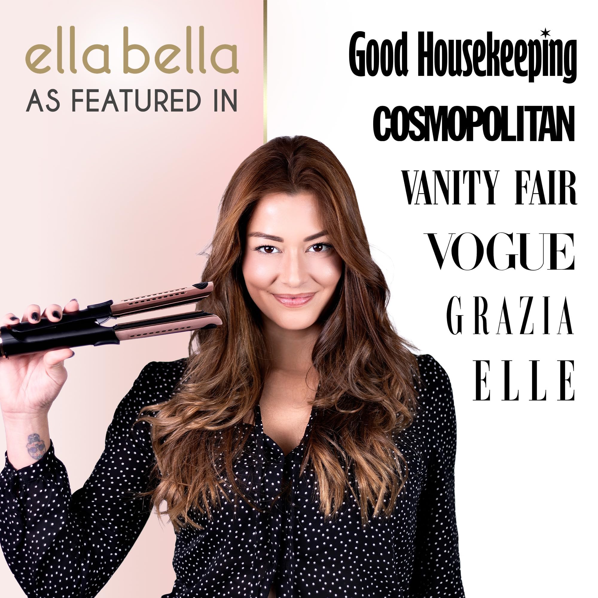 ELLA BELLA 2-in-1 heat dial close-up showing precise temperature control for safe styling.