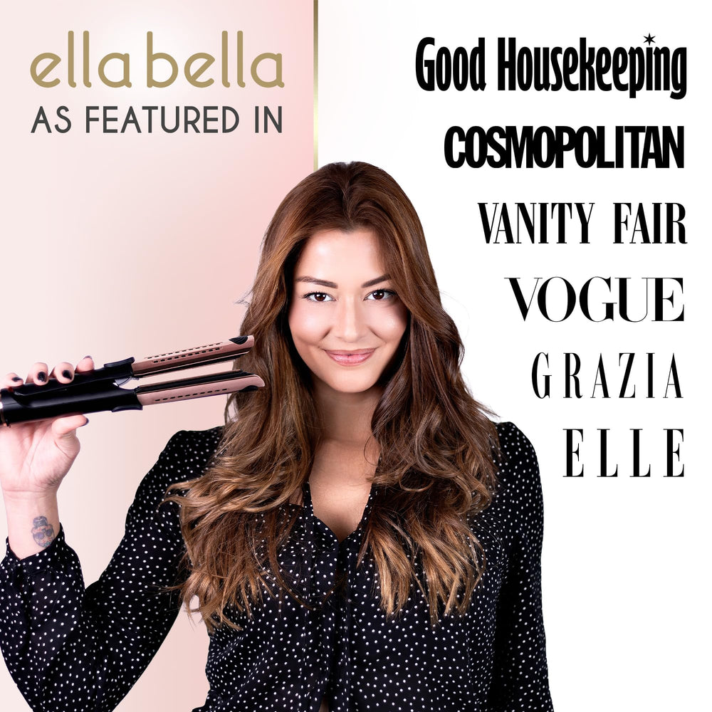 ELLA BELLA 2-in-1 heat dial close-up showing precise temperature control for safe styling.